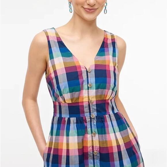 J. Crew Petite 2P Mixed-Plaid Button-Up Fit & Flare Sleeveless Midi Cotton Dress - Picture 2 of 14